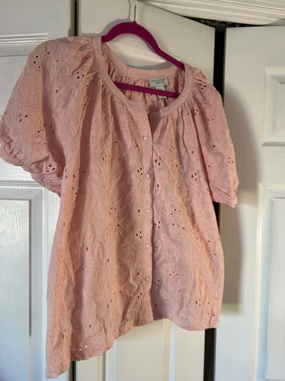 Calypso St. Barth Pink Eyelet Puff-Sleeve Button Front Blouse - Picture 6 of 11